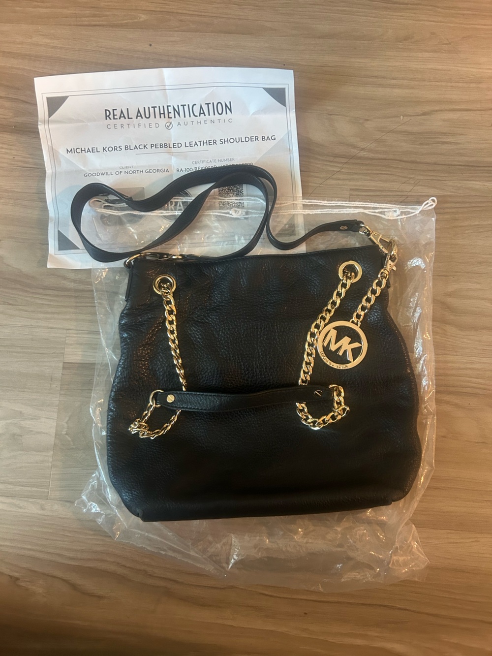 Michael Kors Black Pebbled Leather Shoulder Tote with Gold Chain Trim